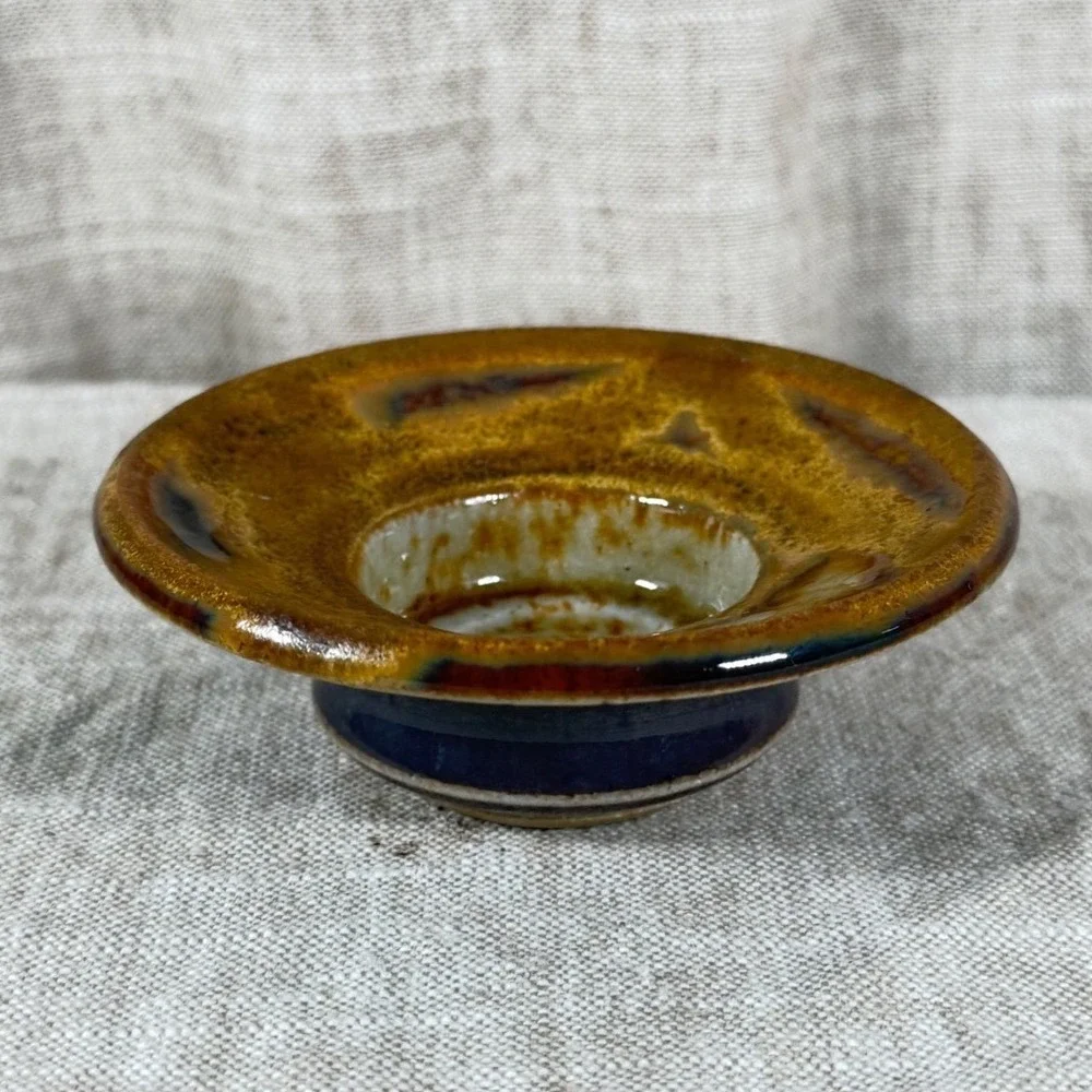 Studio Pottery Candle Holder Unisex OS Brown Blue Good Vintage Stoneware MCM